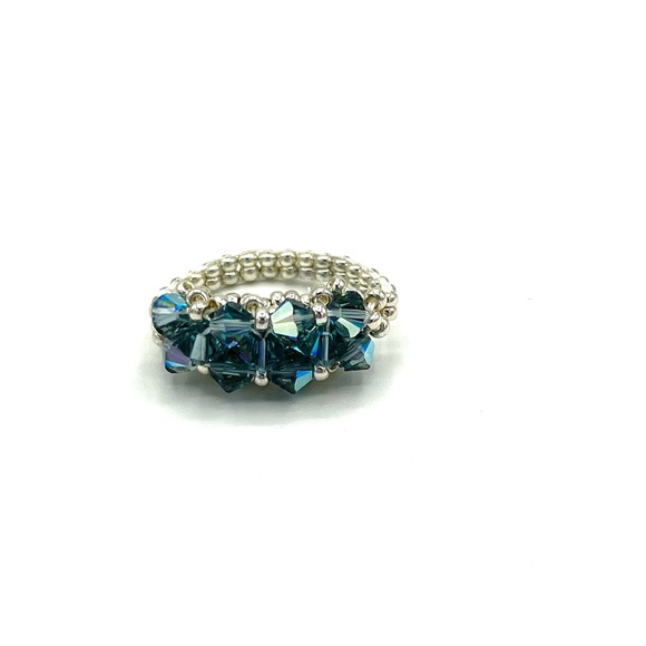 HAND CRAFTED Blue Crystal and Silver Beaded Cocktail Ring - Picture 3 of 3